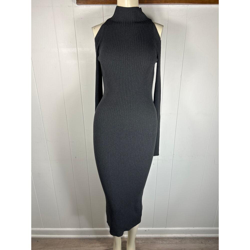 ASTR The Label Cold Shoulder Mock Neck Midi Ribbed Bodycon Grey Sweater Dress M - Picture 2 of 6